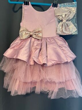 Pink Sequin Bow Tulle Party Dress 3/4T